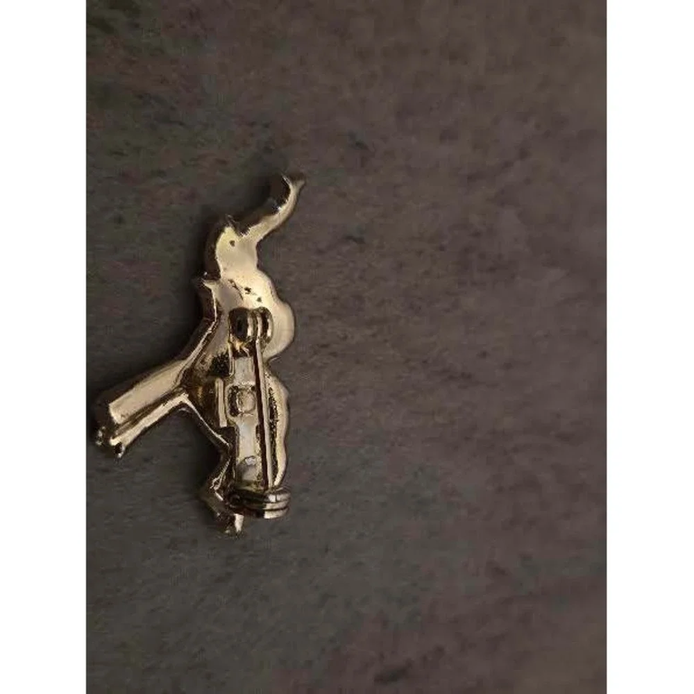 Vintage Gold Tone Elephant Brooch Green Crystal Accents Trunk Up Good Luck Pin
